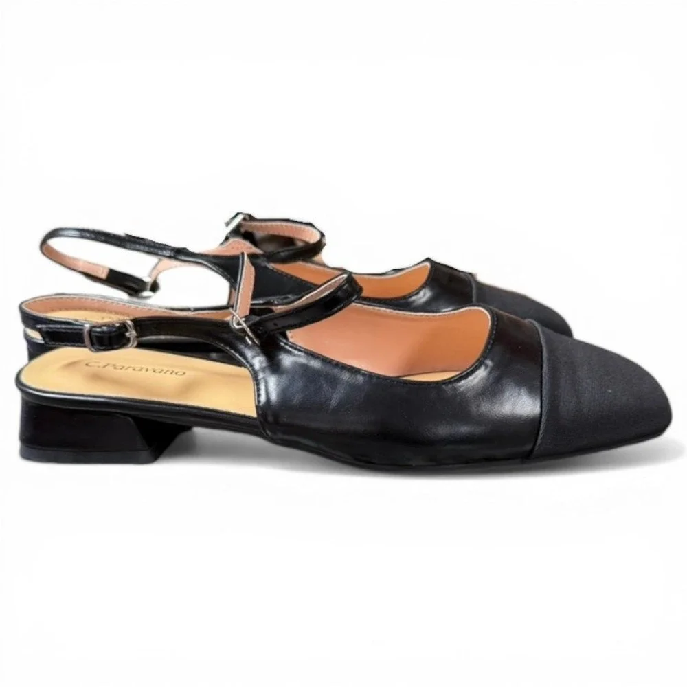 C.Paravano Slingback Flats Womens 40 Black Cap Toe Leather Square Toe Block Heel - Picture 3 of 8